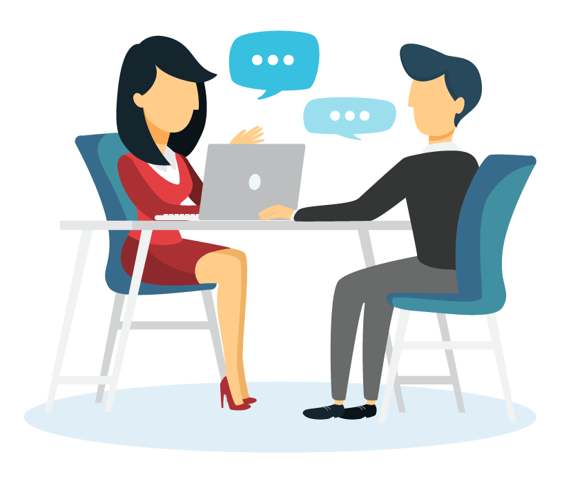 Man and woman dressed in business attire sitting down and having a formal conversation